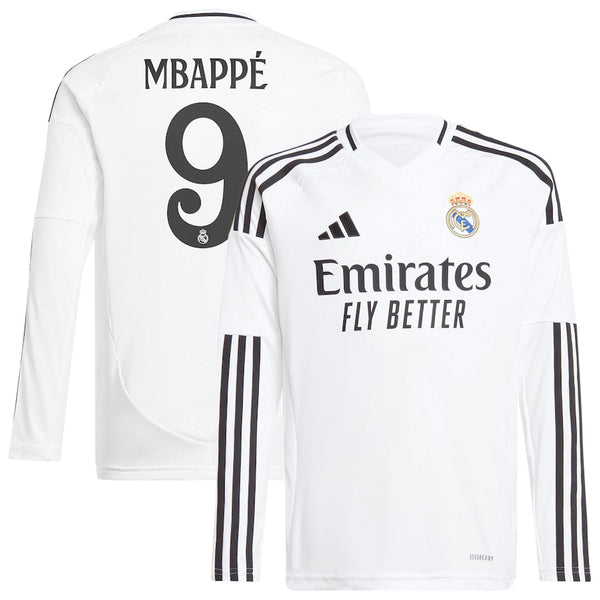 Real Madrid adidas Home Shirt 2024-25 - Kids - Long Sleeve with Mbappé 9 printing